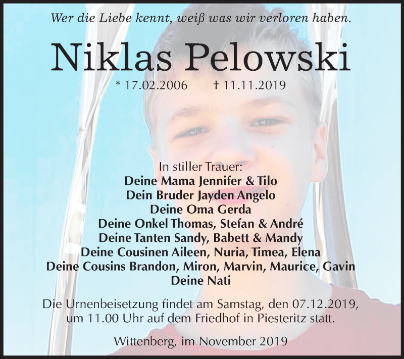  Traueranzeige für Niklas Pelowski vom 30.11.2019 aus Super Sonntag Wittenberg