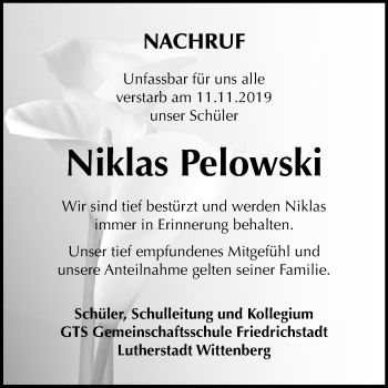 Traueranzeige von Niklas Pelowski von Mitteldeutsche Zeitung Wittenberg