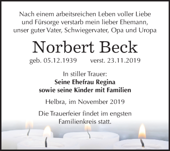 Traueranzeige von Norbert Beck von Mitteldeutsche Zeitung Mansfelder Land
