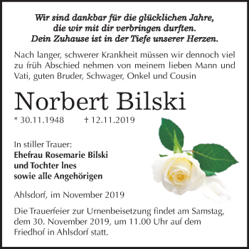 Traueranzeige von Norbert Bilski von Wochenspiegel Mansfelder Land