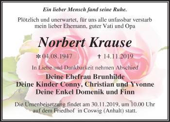 Traueranzeige von Norbert Krause von Super Sonntag Wittenberg