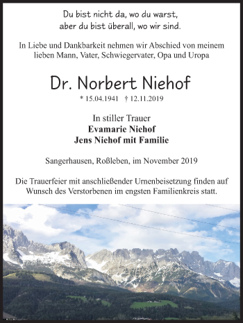 Traueranzeige von Norbert Niehof von Super Sonntag Sangerhausen