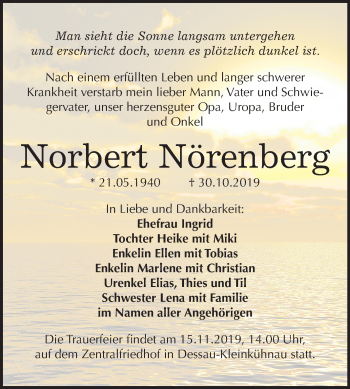 Traueranzeige von Norbert Nörenberg von Mitteldeutsche Zeitung Dessau-Roßlau