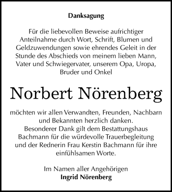 Traueranzeige von Norbert Nörenberg von Super Sonntag Dessau-Roßlau