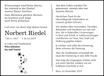Traueranzeige von Norbert Riedel von Super Sonntag Wittenberg