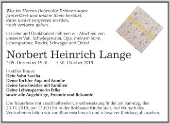 Traueranzeige von Norbert Heinrich Lange von Wochenspiegel Bitterfeld