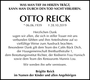 Traueranzeige von Otto Reick von Super Sonntag Sangerhausen