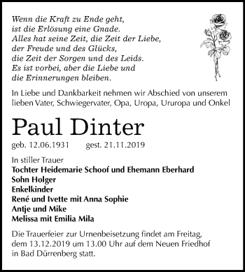 Traueranzeige von Paul Dinter von Mitteldeutsche Zeitung Merseburg/Querfurt
