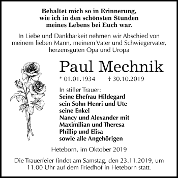 Traueranzeige von Paul Mechnik von Mitteldeutsche Zeitung Quedlinburg