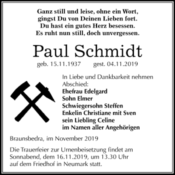 Traueranzeige von Paul Schmidt von Super Sonntag Merseburg/Querfurt