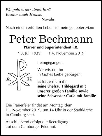 Traueranzeige von Peter Bechmann von Mitteldeutsche Zeitung Naumburg/Nebra
