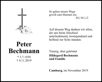 Traueranzeige von Peter Bechmann von Mitteldeutsche Zeitung Naumburg/Nebra