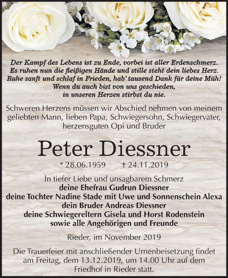  Traueranzeige für Peter Diessner vom 30.11.2019 aus Mitteldeutsche Zeitung Quedlinburg