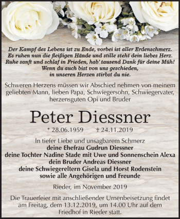 Traueranzeige von Peter Diessner von Mitteldeutsche Zeitung Quedlinburg