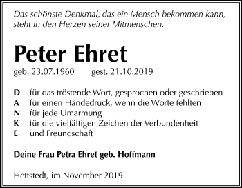 Traueranzeige von Peter Ehret von Mitteldeutsche Zeitung Mansfelder Land