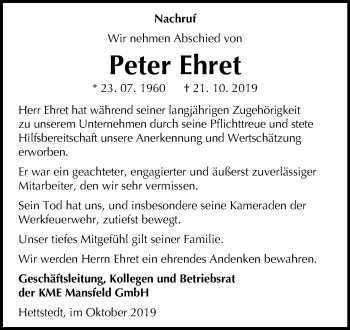 Traueranzeige von Peter Ehret von Mitteldeutsche Zeitung Mansfelder Land