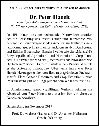 Traueranzeige von Peter Hanelt von Mitteldeutsche Zeitung 