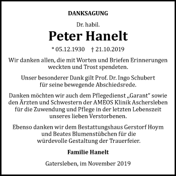 Traueranzeige von Peter Hanelt von Mitteldeutsche Zeitung Aschersleben