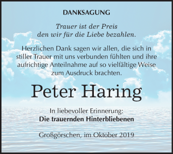 Traueranzeige von Peter Haring von Wochenspiegel Weißenfels