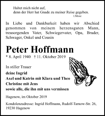 Traueranzeige von Peter Hoffmann von Super Sonntag Aschersleben