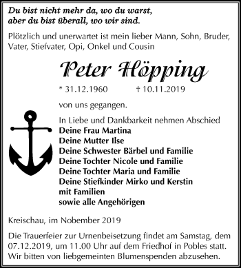Traueranzeige von Peter Höpping von Mitteldeutsche Zeitung Weißenfels