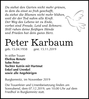 Traueranzeige von Peter Karbaum von Wochenspiegel Bitterfeld
