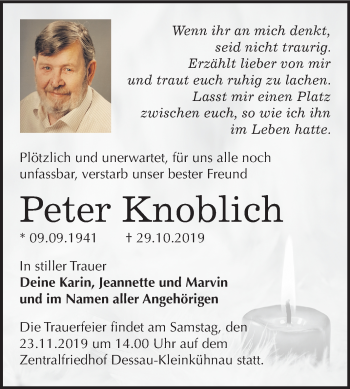 Traueranzeige von Peter Knoblich von Mitteldeutsche Zeitung Dessau-Roßlau