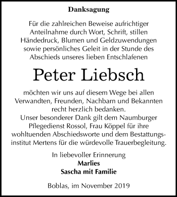 Traueranzeige von Peter Liebsch von Wochenspiegel Naumburg/Nebra