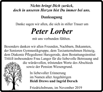 Traueranzeige von Peter Lorber von Mitteldeutsche Zeitung Quedlinburg
