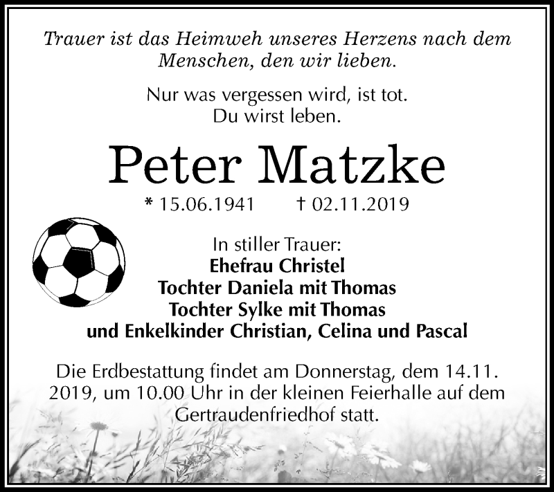  Traueranzeige für Peter Matzke vom 09.11.2019 aus Mitteldeutsche Zeitung Halle/Saalkreis