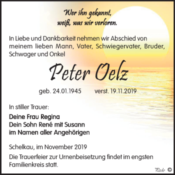 Traueranzeige von Peter Oelz von Mitteldeutsche Zeitung Weißenfels
