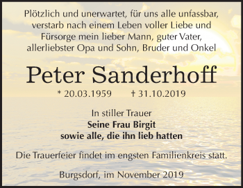 Traueranzeige von Peter Sanderhoff von Mitteldeutsche Zeitung Mansfelder Land
