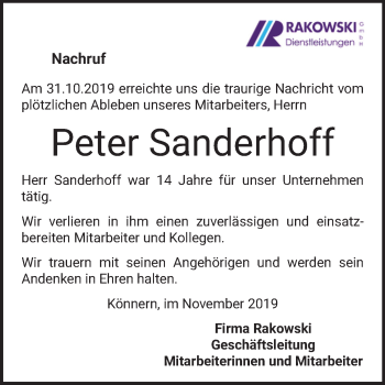 Traueranzeige von Peter Sanderhoff von Mitteldeutsche Zeitung Mansfelder Land