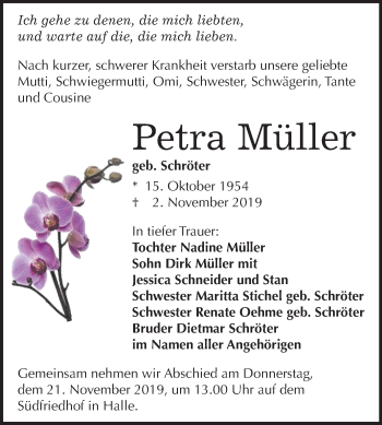 Traueranzeige von Petra Müller von Mitteldeutsche Zeitung Halle/Saalkreis