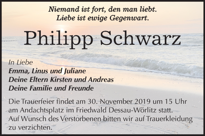 Traueranzeige für Philipp Schwarz vom 23.11.2019 aus Super Sonntag Dessau-Roßlau