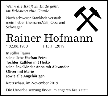 Traueranzeige von Rainer Hofmann von Super Sonntag Zeitz