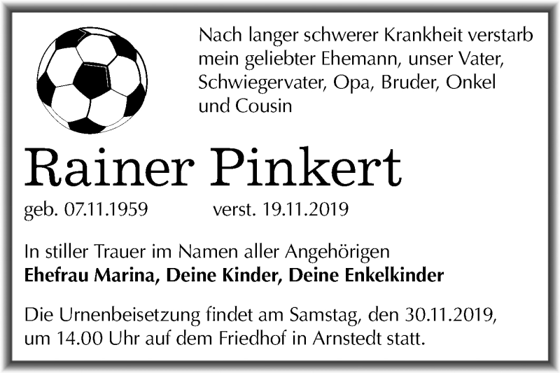  Traueranzeige für Rainer Pinkert vom 23.11.2019 aus Mitteldeutsche Zeitung Mansfelder Land