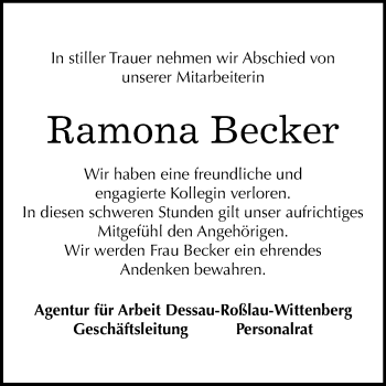 Traueranzeige von Ramona Becker von Mitteldeutsche Zeitung Dessau-Roßlau / Wittenberg