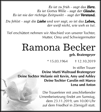 Traueranzeige von Ramona Becker von Super Sonntag Wittenberg