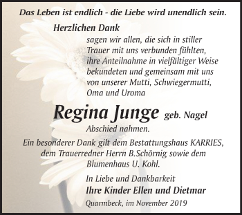 Traueranzeige von Regina Junge von Super Sonntag Quedlinburg