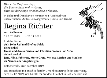 Traueranzeige von Regina Richter von Mitteldeutsche Zeitung Sangerhausen