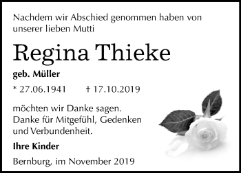 Traueranzeige von Regina Thieke von Super Sonntag Bernburg