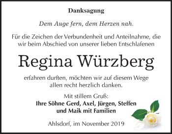 Traueranzeige von Regina Würzberg von Mitteldeutsche Zeitung Mansfelder Land