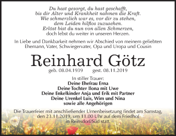 Traueranzeige von Reinhard Götz von Super Sonntag Wittenberg