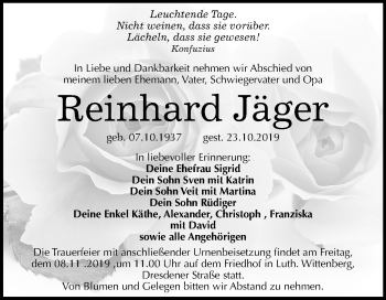 Traueranzeige von Reinhard Jäger von Super Sonntag Wittenberg