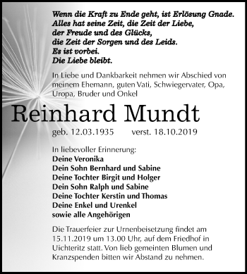 Traueranzeige von Reinhard Mundt von Wochenspiegel Weißenfels