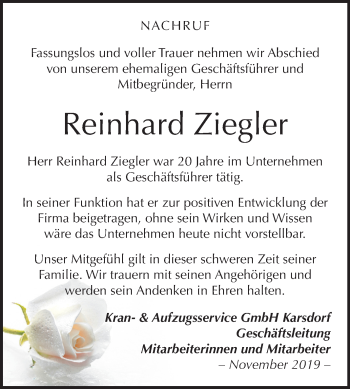 Traueranzeige von Reinhard Ziegler von Wochenspiegel Naumburg/Nebra / Weißenfels / Zeitz
