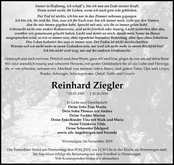 Traueranzeige von Reinhard Ziegler von Mitteldeutsche Zeitung Naumburg/Nebra