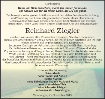 Traueranzeige von Reinhard Ziegler von Mitteldeutsche Zeitung Naumburg/Nebra