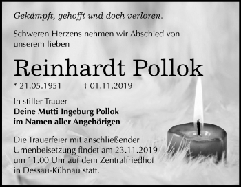 Traueranzeige von Reinhardt Pollok von Super Sonntag Dessau-Roßlau
